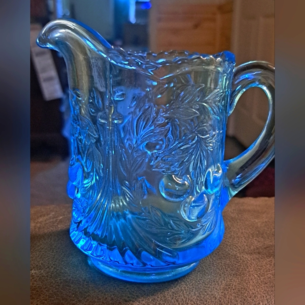 Vtg Opalescent Blue Glass Pitcher Creamer Cherries Textured LG Wright Fenton